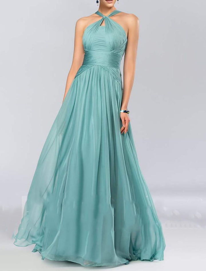 A Line/Princess Halter Neck  Sleeveless Elegant Floor-Length Wedding Guest Dress