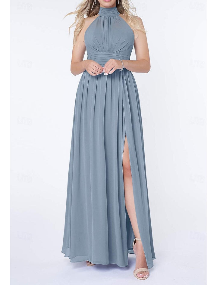 A Line/Princess Halter Neck  Sleeveless Elegant Floor-Length Wedding Guest Dress