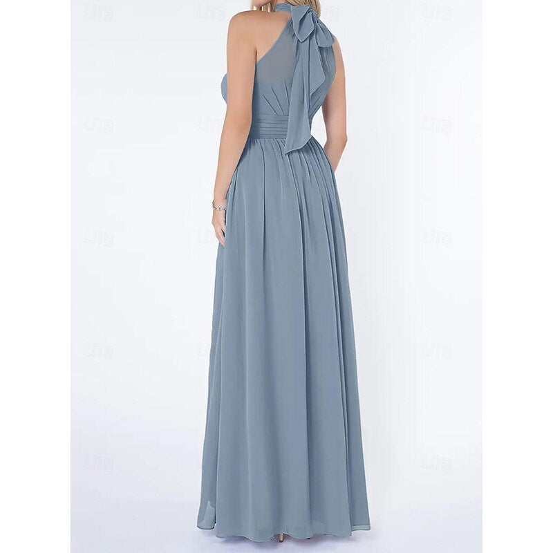 Dusty Blue Wedding Guest Dress 2026 Halter Neck Chiffon A Line Formal Evening Maxi Gown with Pleated Bodice, Dusty Blue