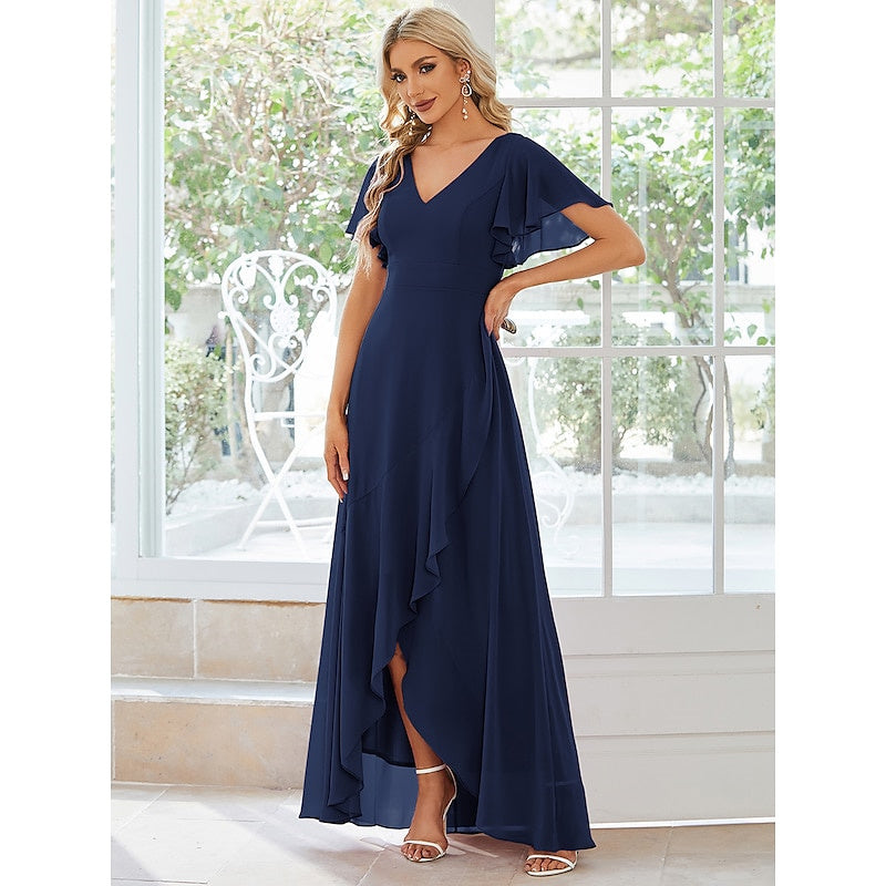 Navy Wedding Guest Dress 2026 V Neck Flutter Sleeve Elegant Chiffon Formal Maxi Gown with Ruffle Hem, Dark Navy
