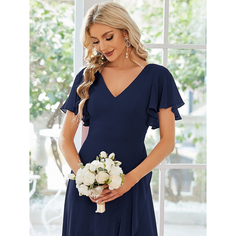 A Line/Princess V Neck Short Sleeves Asymmetrical Wedding Guest Dress