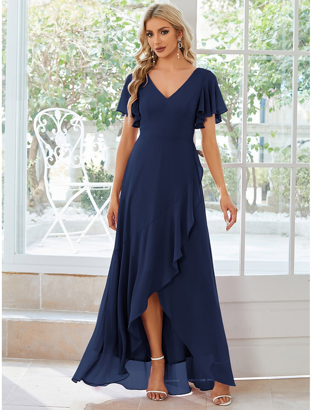 Navy Wedding Guest Dress 2026 V Neck Flutter Sleeve Elegant Chiffon Formal Maxi Gown with Ruffle Hem, Dark Navy Navy Wedding Guest Dress 2026 V Neck Flutter Sleeve Elegant Chiffon Formal Maxi Gown with Ruffle Hem, Dark Navy
