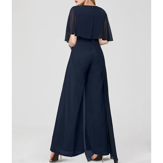 A-Line/Princess Jewel Neck 3/4 Length Sleeves Floor-Length Plus Size Mother of the Bride Pantsuits with Applique