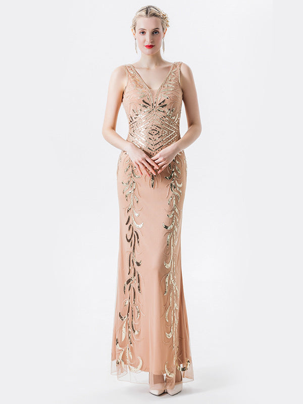 Mermaid/Trumpet V Neck Sleeveless Vintage Dress with Sequins