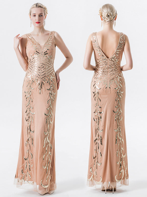 Mermaid/Trumpet V Neck Sleeveless Vintage Dress with Sequins