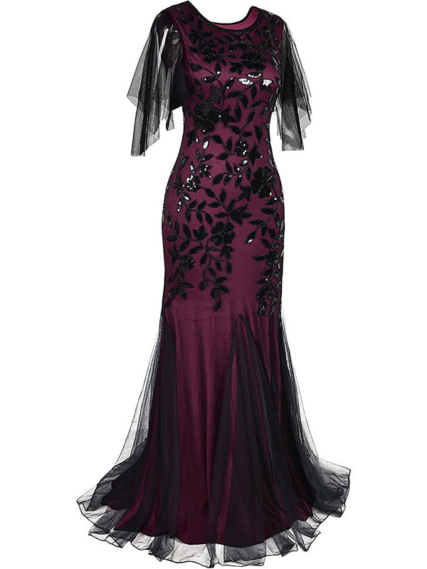 Mermaid/Trumpet Jewel Neck Short Sleeves Vintage Dress with Sequins