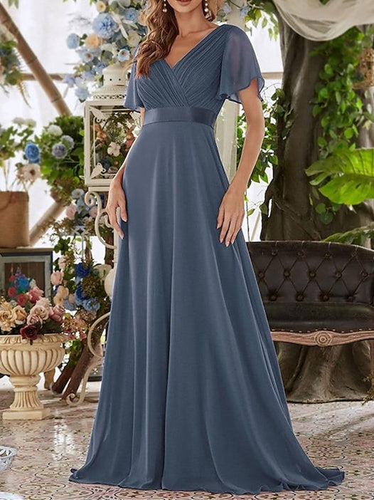 A Line/Princess V Neck Short Sleeves Floor-Length Wedding Guest Dress, As Pic