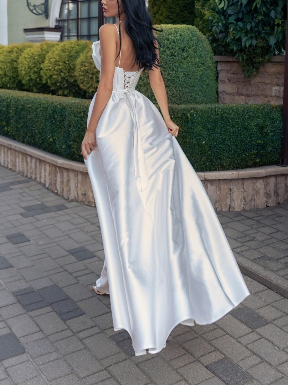 A-Line/Princess Spaghetti Straps sleeveless Floor-Length Wedding Dress with Bowknot