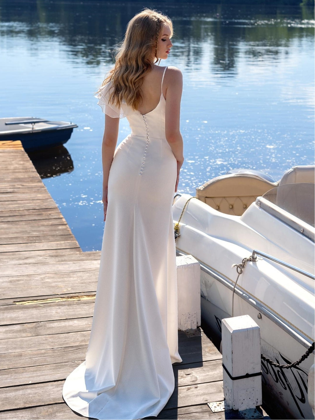 Sheath V-Neck sleeveless Floor-Length Wedding Dresses with Pleats