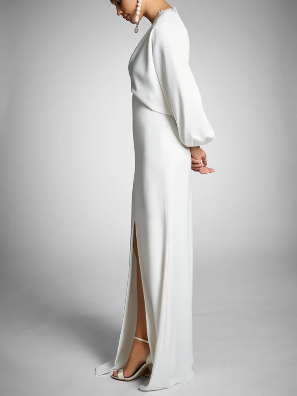 Sheath/Column Long Sleeves Plunging V Neck Floor-Length Wedding Dresses