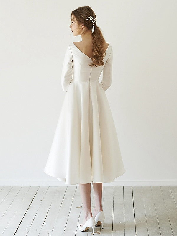 A-Line/Princess 3/4 Sleeves Scoop Neck Tea-Length Wedding Dresses