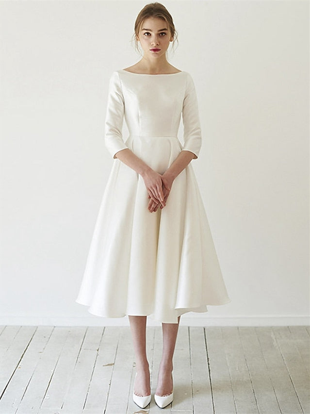 Mondressy Satin Wedding Dresses Women's Elegant A-Line/Princess Scoop Neck 3/4 Sleeves Floor-Length Formal Wedding Party Gowns, As Pic