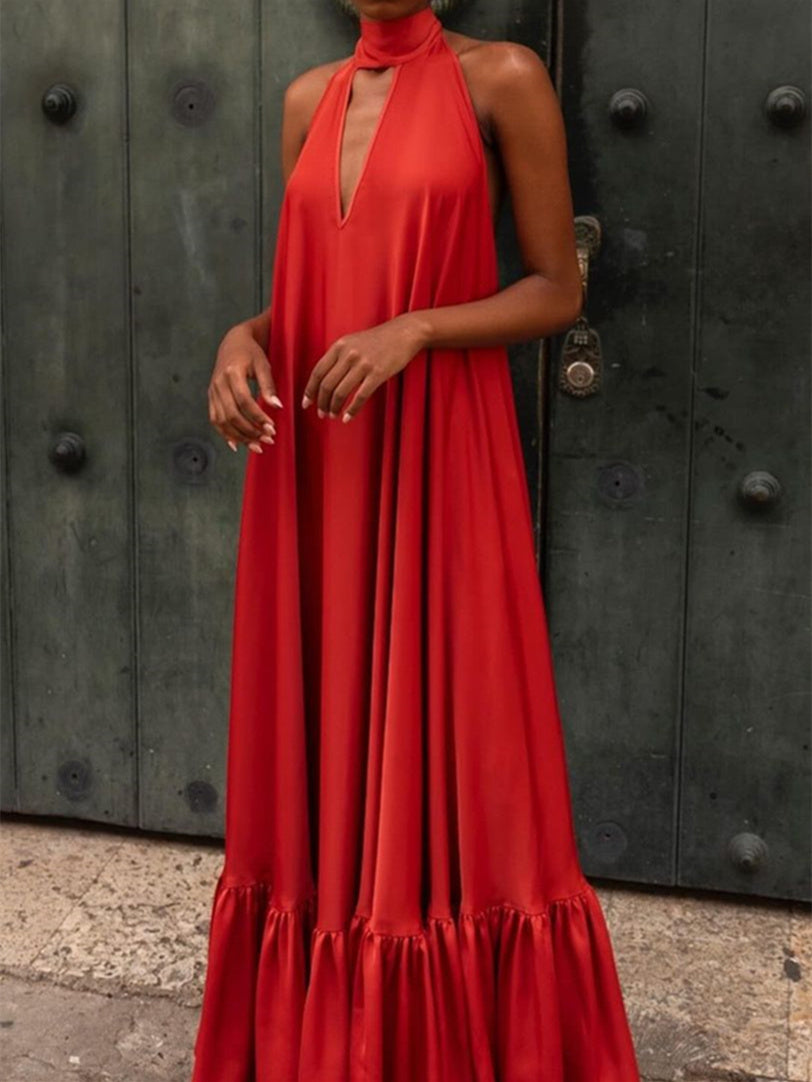 high neck halter wedding guest dress Red Wedding Guest Dresses 2026 A-Line/Princess Halter Sleeveless Backless Long Satin Unique Formal Wedding Party Gowns, As Pic