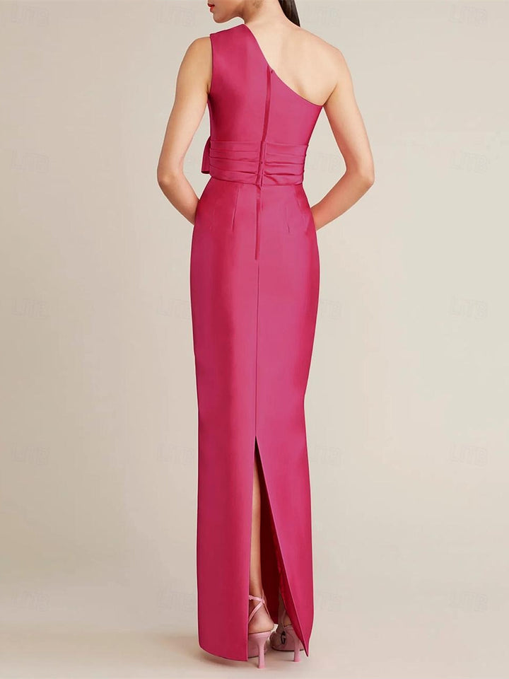 Sheath/Column  Floor Length Sleeveless One Shoulder Wedding Guest Dresses Satin with Bow(s) Pocket