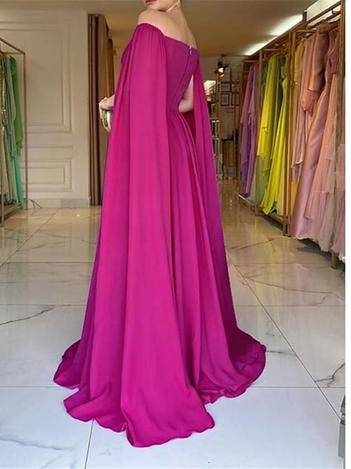 A-Line Sweep/Brush Train Sleeveless Off Shoulder  Wedding Guest Dress Capes Chiffon with Pleats