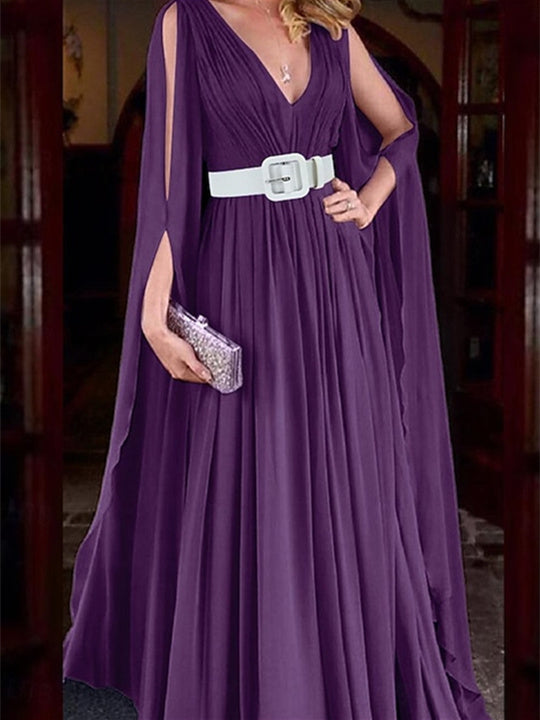 Purple Wedding Guest Dress 2026 V Neck Cape Sleeve Chiffon Elegant Belted Formal Evening Maxi Gown, As Pic