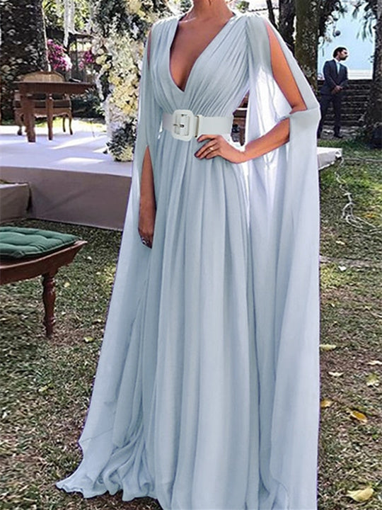 A-Line Floor Length Long Sleeve V Neck Wedding Guest Dresses  Chiffon with Belt