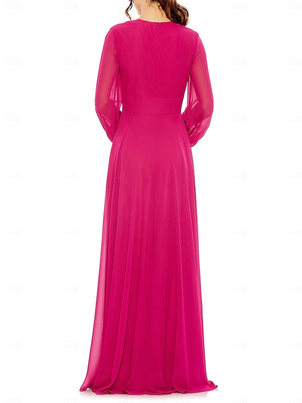 A-Line Floor Length Long Sleeve V Neck Wedding Guest Dresses  Chiffon with Pleat