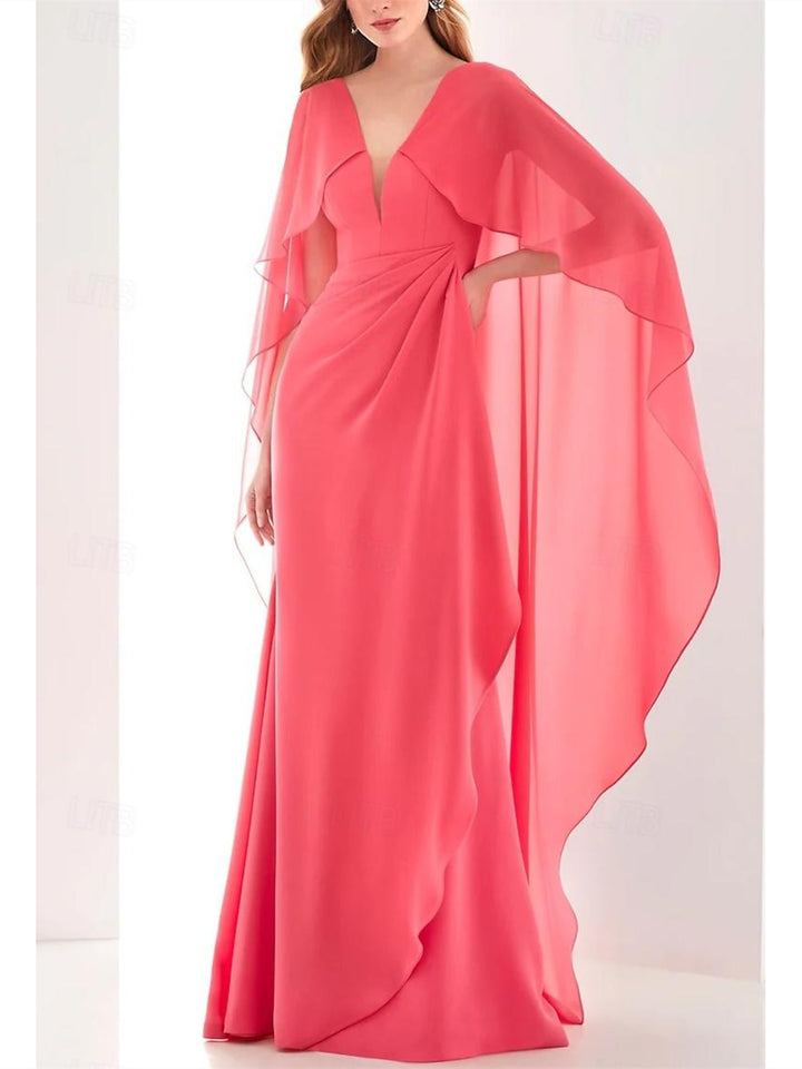 Sheath/Column Ankle Length Long Sleeve V Neck Wedding  Guest Dress Chiffon with Ruched Ruffles