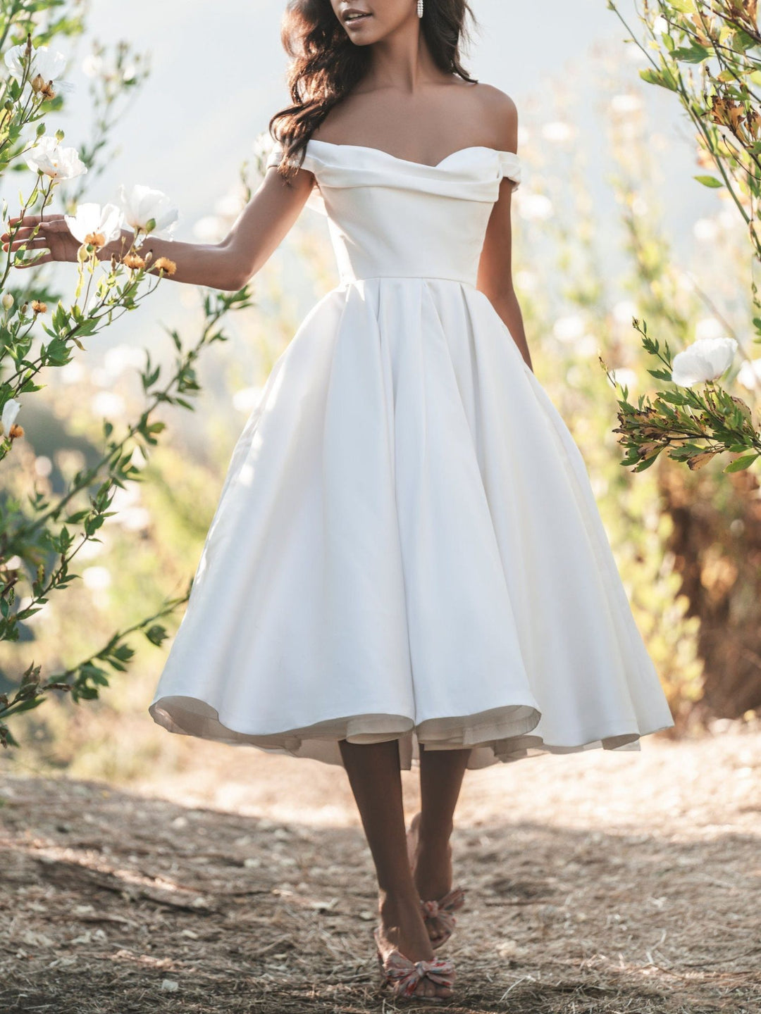 A-Line/Princess Off-the-Shoulder Tea-Length Satin Elegant Gown Wedding Dress Champagne A-Line/Princess Off-the-Shoulder Tea-Length Satin Elegant Gown Wedding Dress Champagne