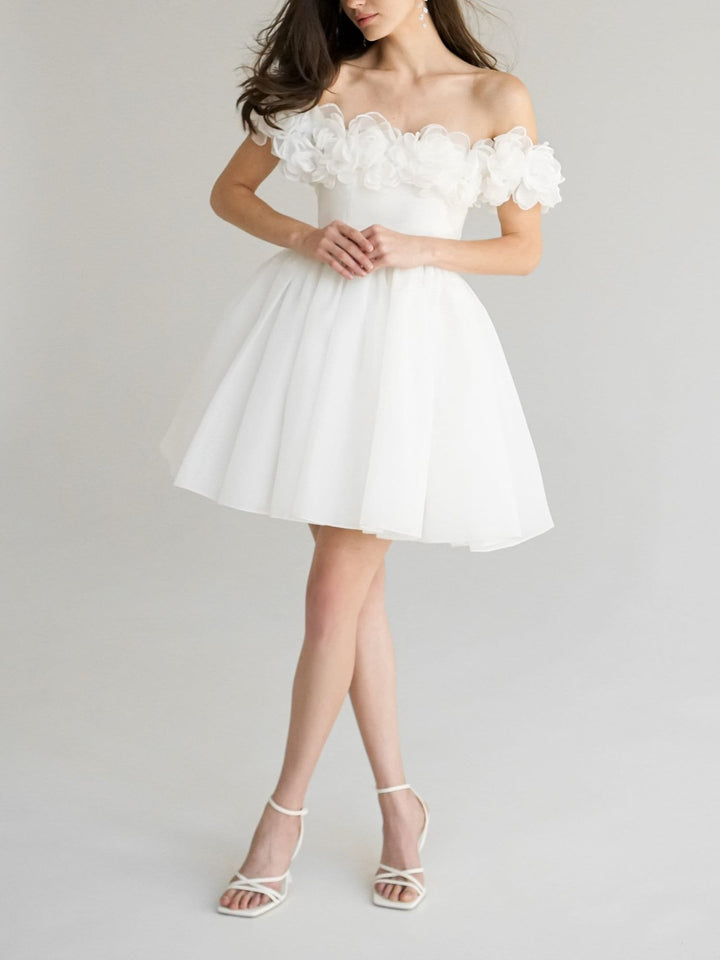 A-Line/Princess Off-The-Shoulder Sweetheart Flower Short Wedding Dress