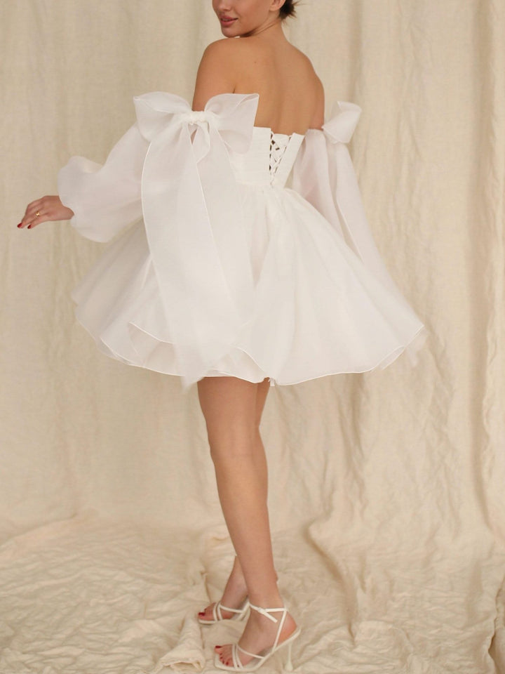 A-Line/Princess Off-The-Shoulder Bow Long Sleeves Mini Wedding Dress, Ivory A-Line/Princess Off-The-Shoulder Bow Long Sleeves Mini Wedding Dress, Ivory