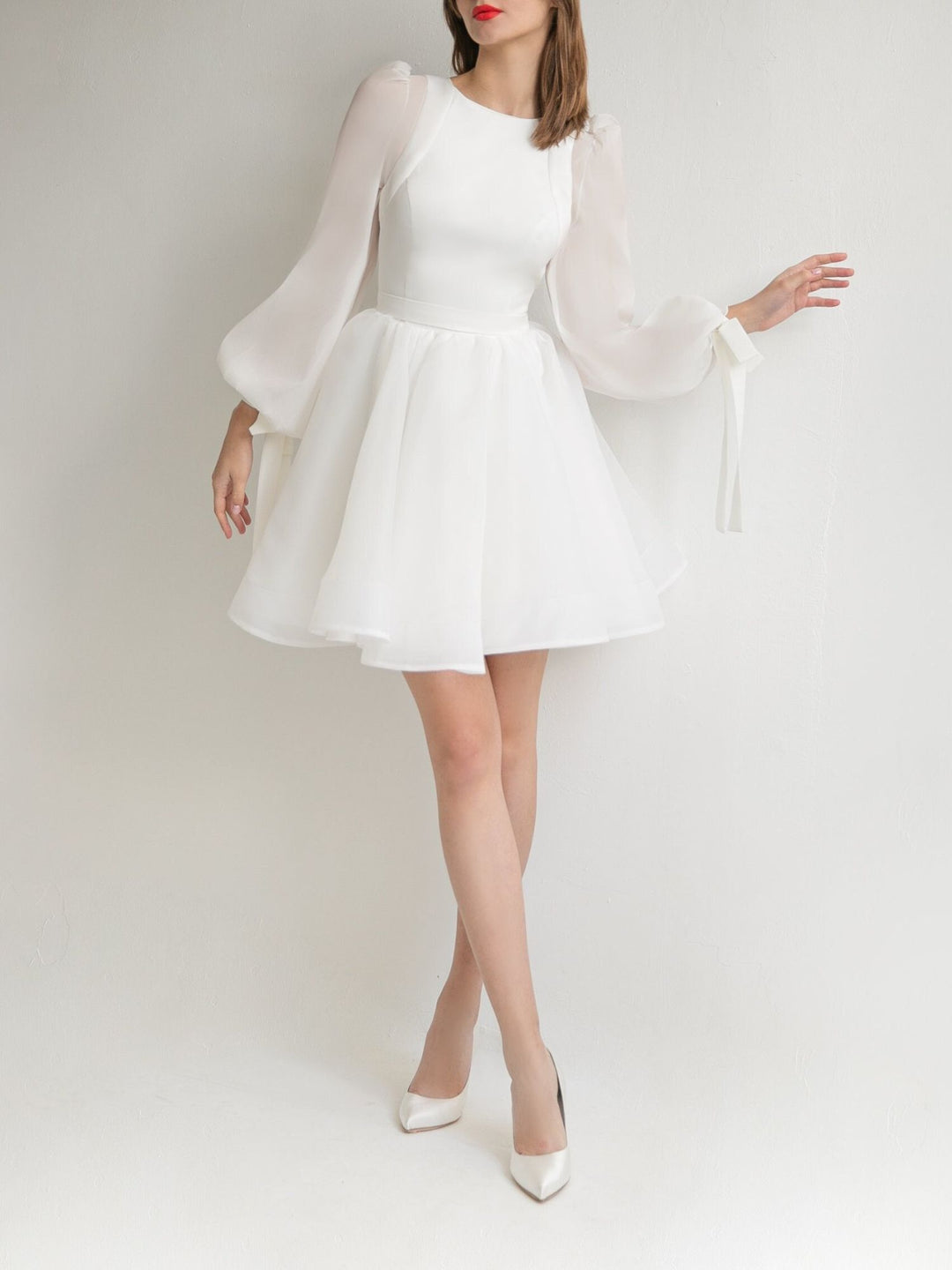 A-Line/Princess Scoop Neck Long Sleeves Mini Wedding Dress - Mondressy A-Line/Princess Scoop Neck Long Sleeves Mini Wedding Dress - Mondressy