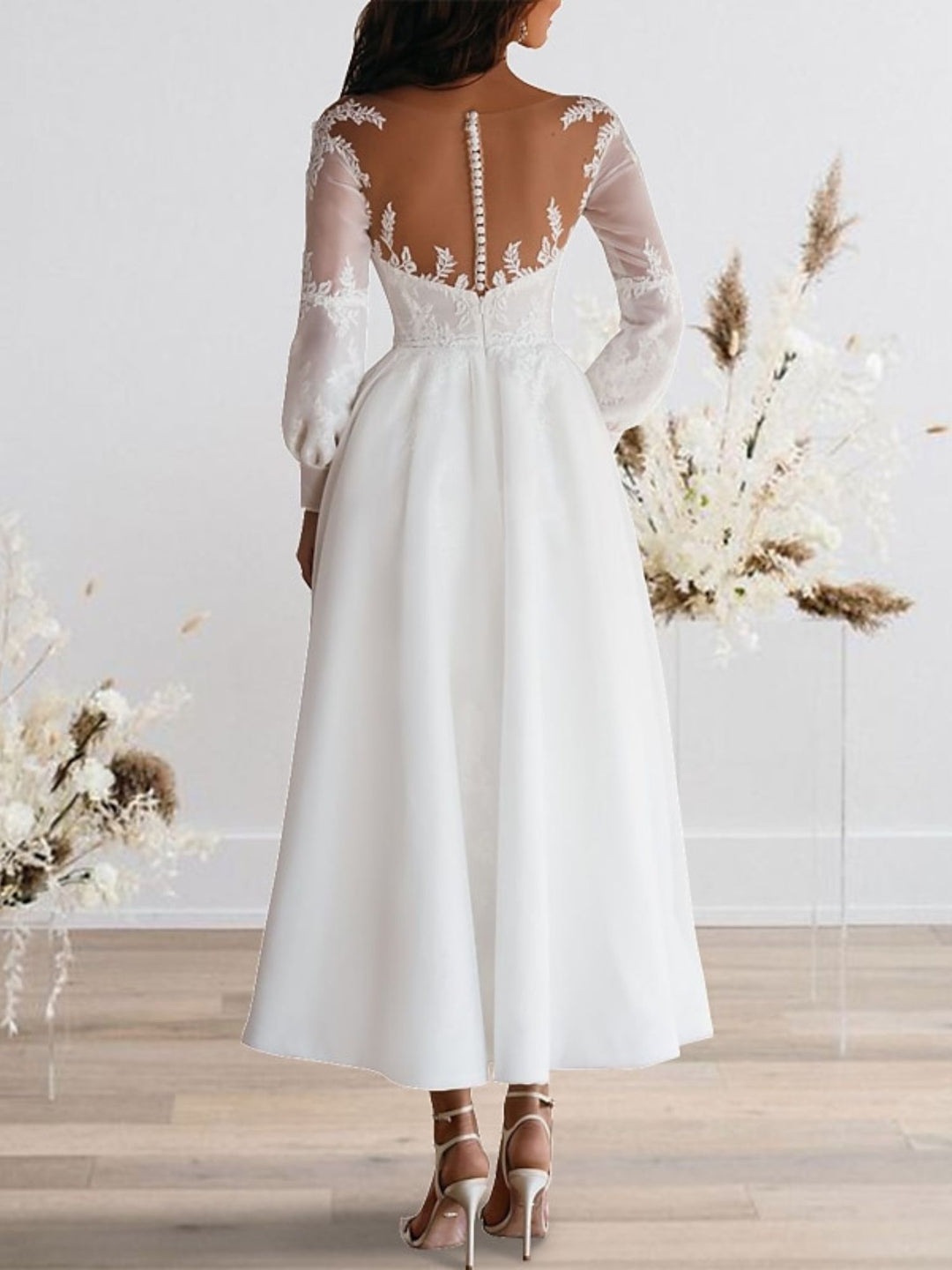 Appliques Wedding Dresses 2026 White Chiffon A-Line Deep V-Neck Long Sleeves Ankle-Length Bridal Ball Gowns Appliques Wedding Dresses 2026 White Chiffon A-Line Deep V-Neck Long Sleeves Ankle-Length Bridal Ball Gowns