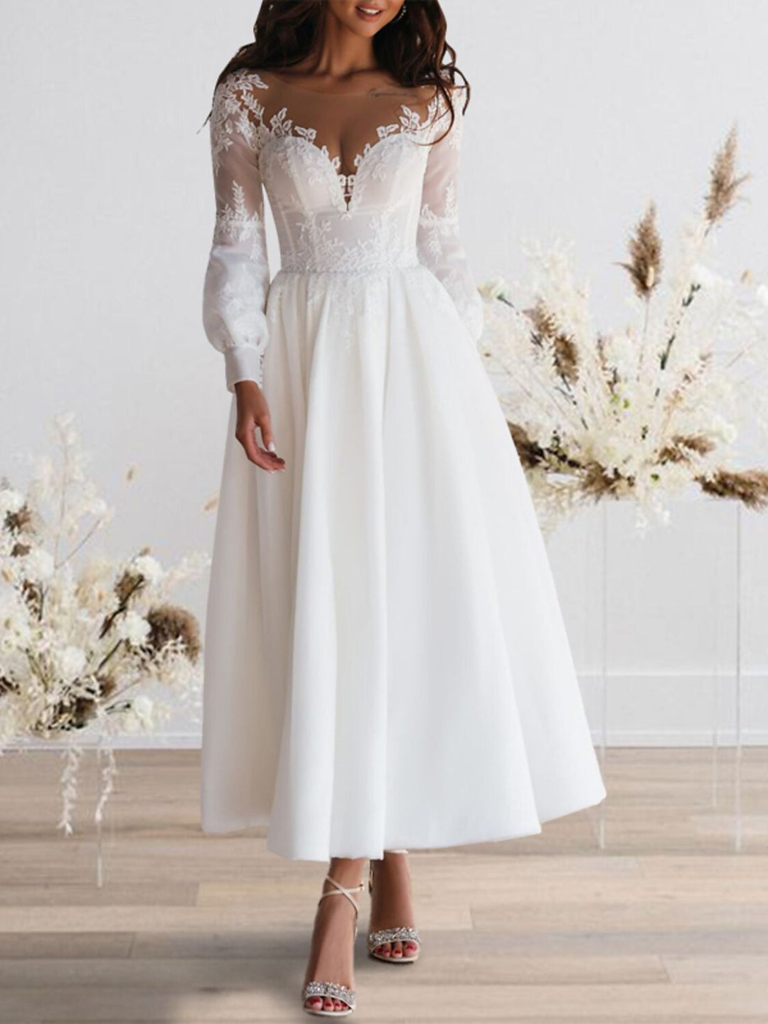 A-Line/Princess Sweetheart Long Sleeves Ankle Length Lace Wedding Dres - Mondressy A-Line/Princess Sweetheart Long Sleeves Ankle Length Lace Wedding Dres - Mondressy