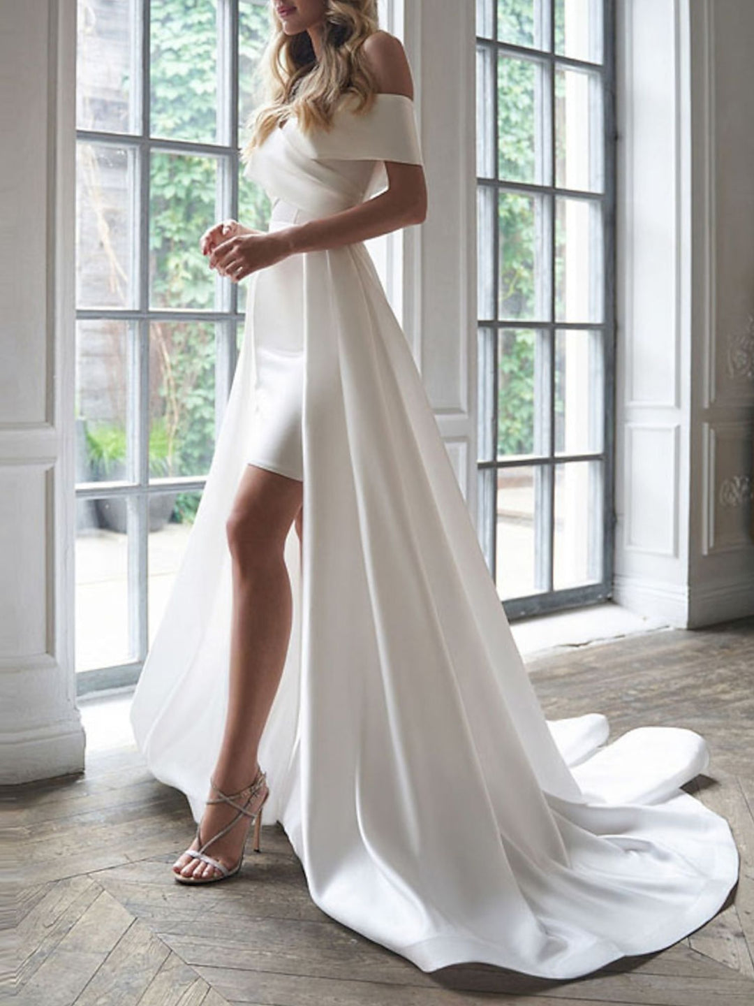 short sleeve silk wedding dress A-line Short Sleeve Overskirt Lace Satin Wedding Dress, Pleats