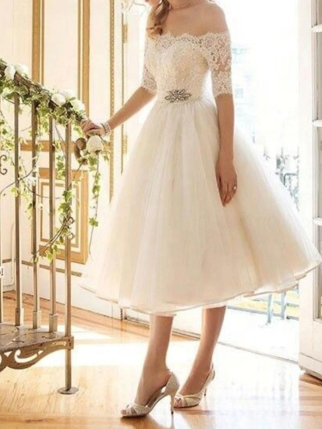 A-Line/Princess Lace Tulle Off-the-shoulder Half Sleeves Tea Length Appliques Wedding Dress