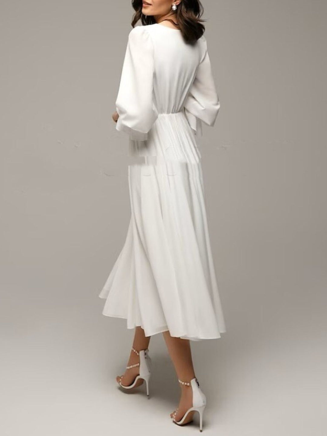 A-Line/Princess V-Neck Ruffle 3/4 Sleeves Tea Length Elegant Wedding Dress