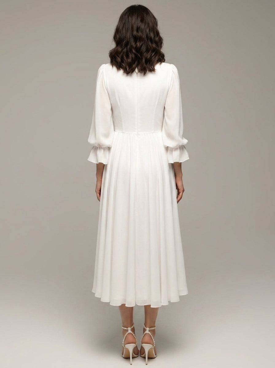 A-Line/Princess V-Neck Ruffle 3/4 Sleeves Tea Length Elegant Wedding Dress