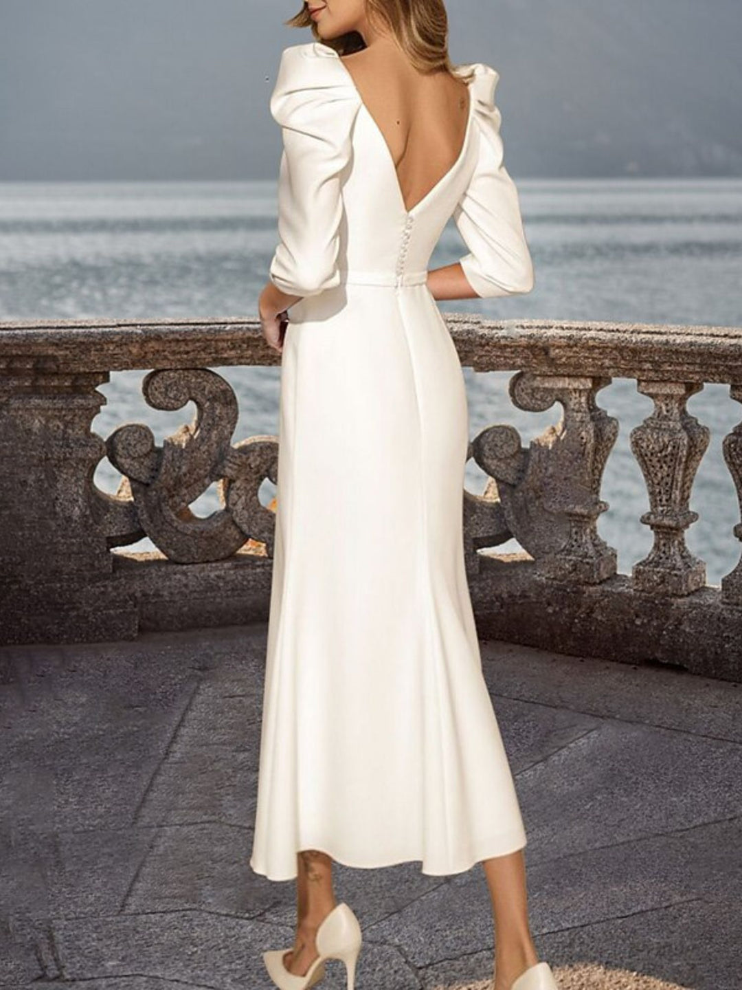 Sheath/Column Retro Square Neck 3/4 Sleeves Tea Length Elegant Wedding Dress With Ruffles