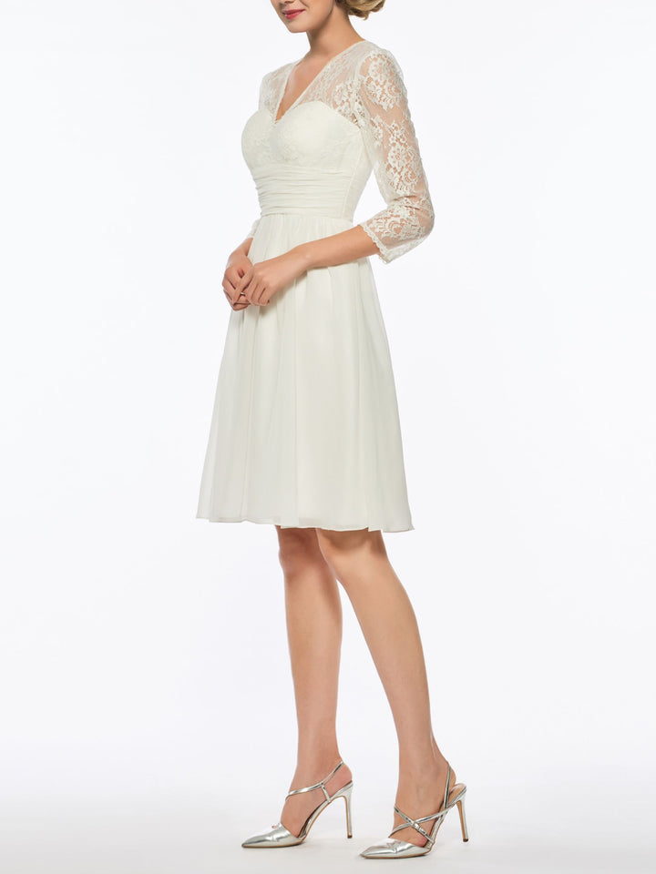 A-Line/Princess V-Neck 3/4 Sleeves Tea Length Wedding Dress with Lace