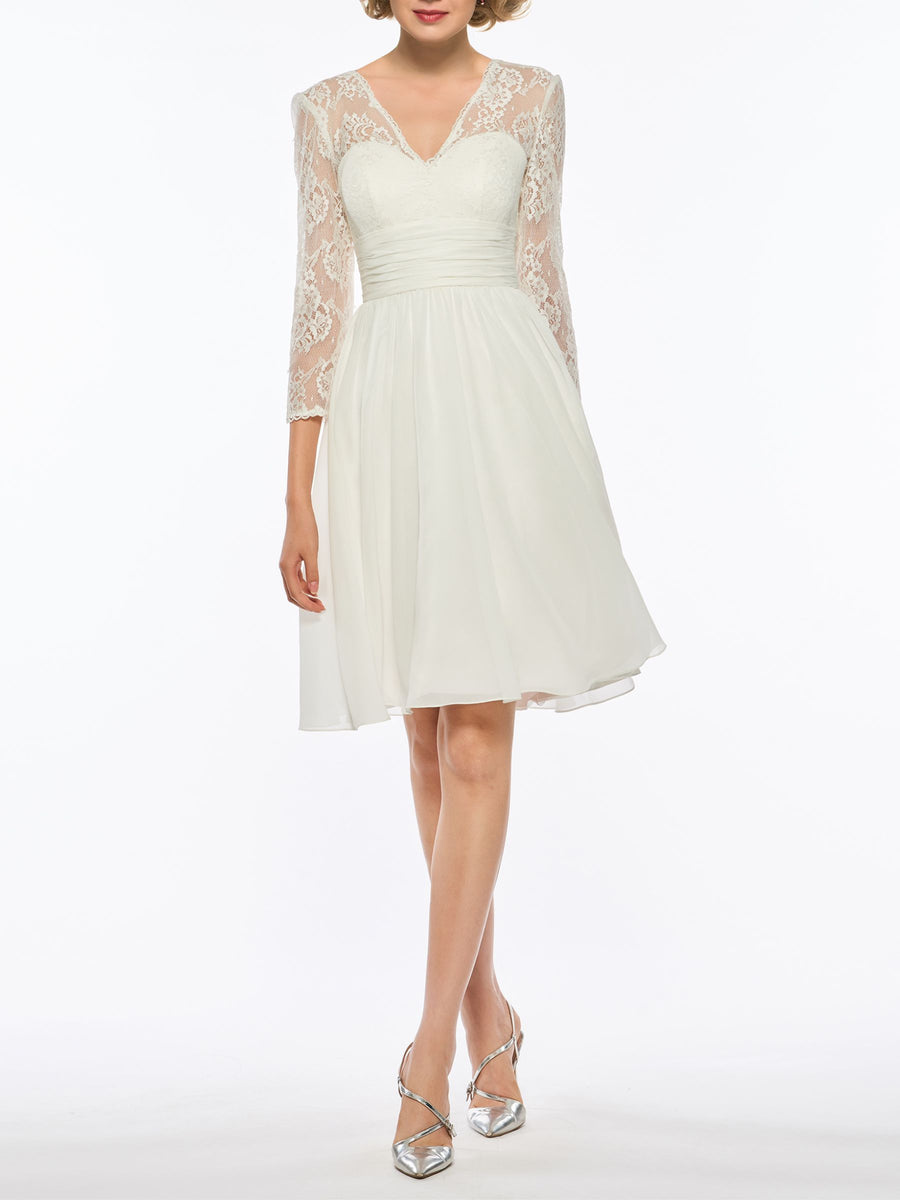 A-Line Short Wedding Dress Party Dresses V-Neck Tea Length Dress with Lace Sleeve A-Line Short Wedding Dress Party Dresses V-Neck Tea Length Dress with Lace Sleeve