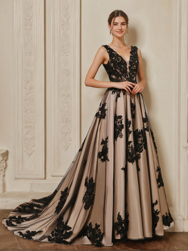 A-line black wedding dress with V-neck and delicate lace appliques