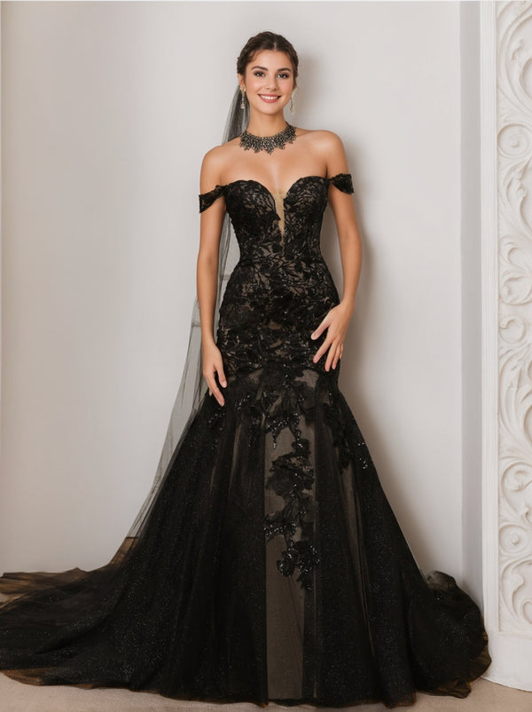 Trumpet black wedding dress with off-the-shoulder neckline
