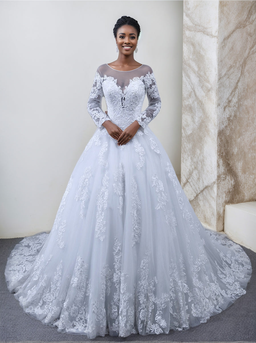 2026 White Wedding Dresses Lace Appliques Women's Tulle Ball Gown A-Line Scoop Neck Long Sleeves Floor-Length Elegant Bridal Ball Gowns