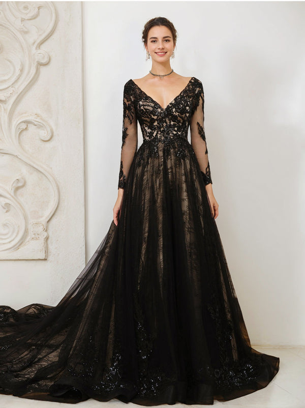 A-line black wedding dress with long sleeves and V-neck