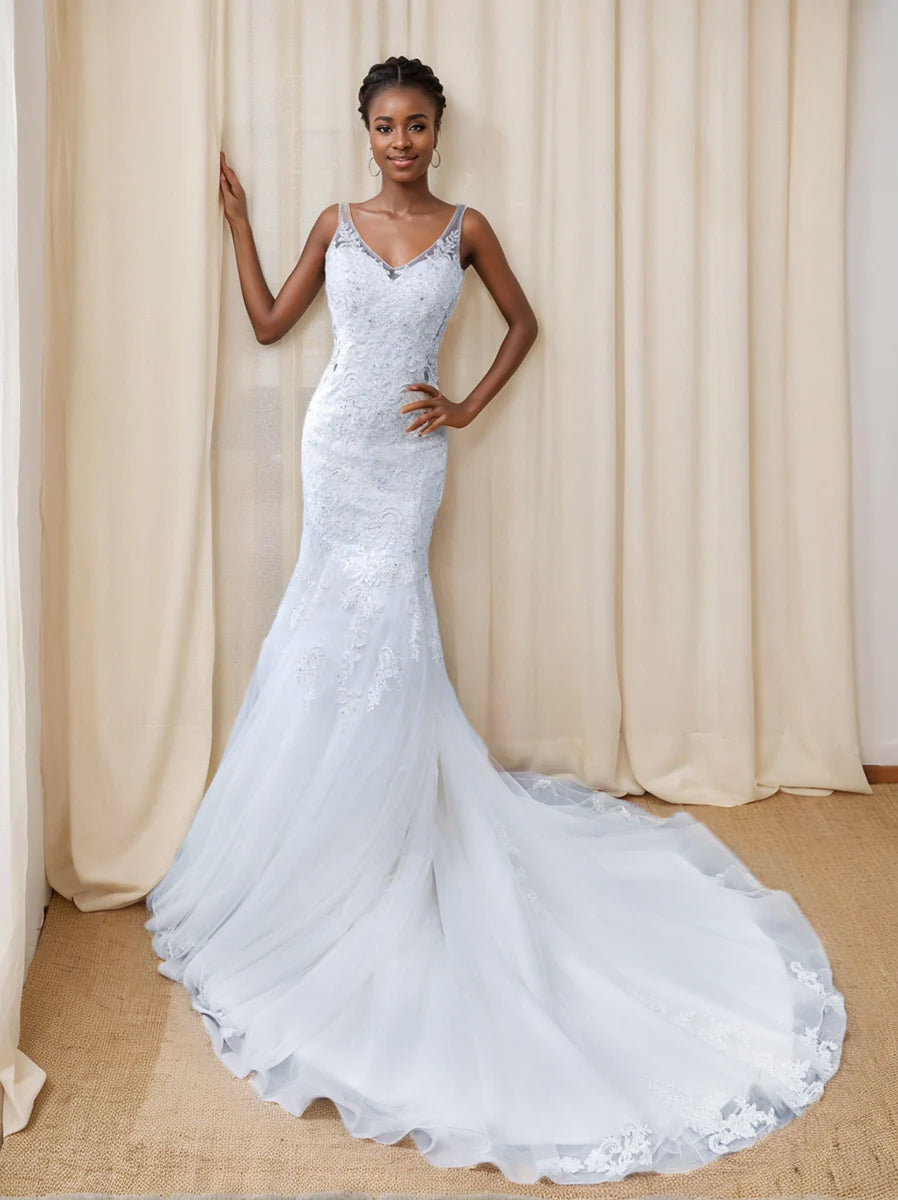 trumpet mermaid v neck wedding dress Bridal Gowns 2026 White Tulle Lace Appliques Mermaid/Trumpet V-Neck Sleeveless Floor-Length Elegant Formal Wedding Dresses