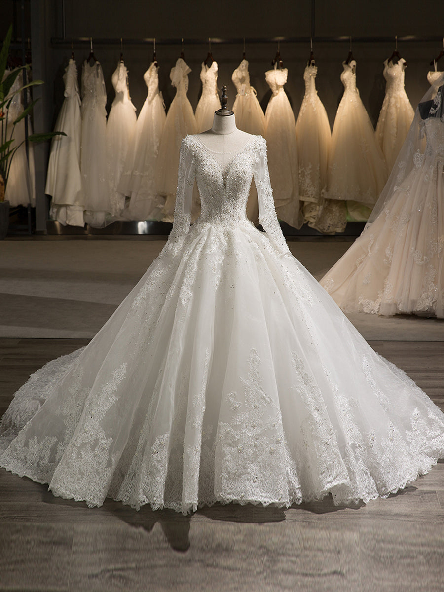 Wedding Dresses 2026 Lace Appliques Ball Gown A-Line Sheer Neck Long Sleeves Floor-Length Gorgeous Tull Bridal Ball Gowns