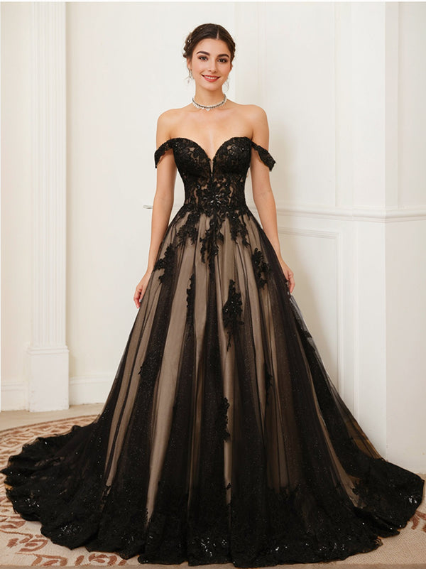 Off-the-shoulder black wedding dress with A-line silhouette