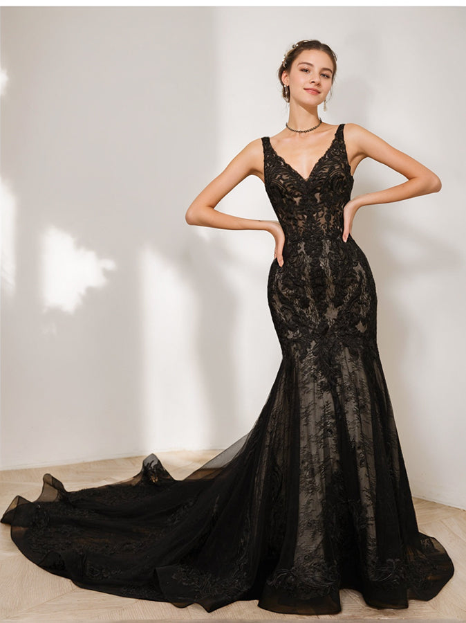 black lace mermaid wedding dress Mermaid Floral Black Wedding Dress Long Sleeve Wedding Gown WD742 US8 / Custom Color