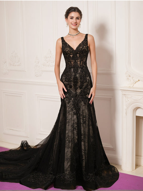 V-neck black wedding dress in a mermaid silhouette