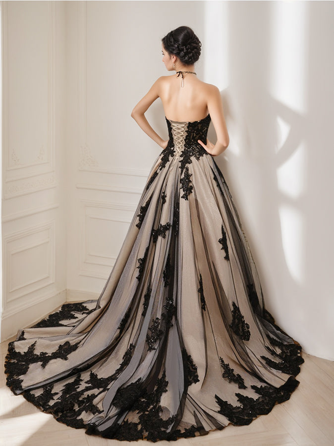2026 Black Bridal Dresses for Women Appliques Strapless Ball Gown A-Line Sleeveless Floor-Length Tulle Formal Wedding Gowns