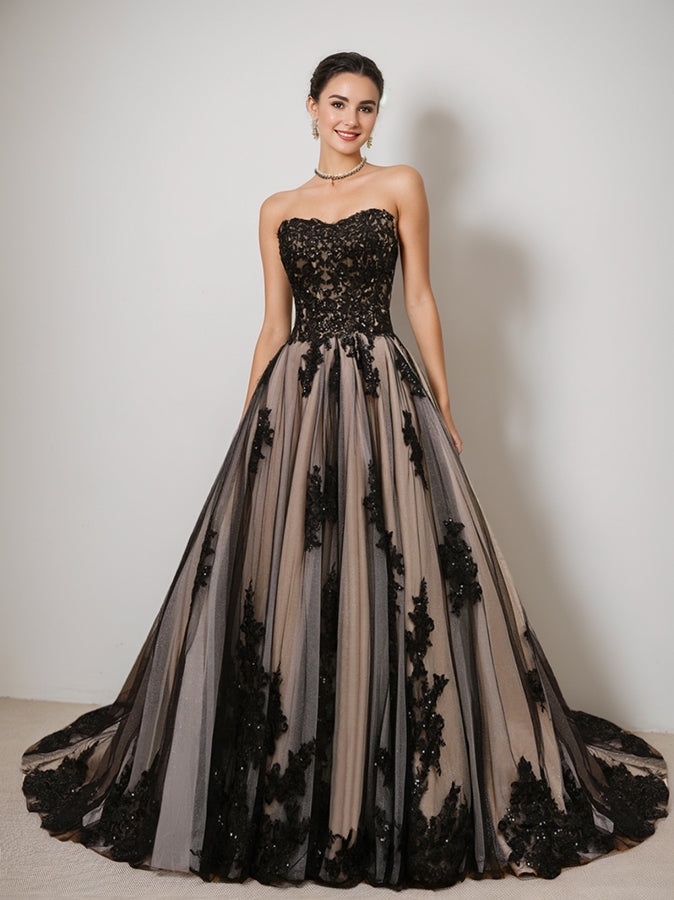 black beaded wedding dress Elegant Black Wedding Dress with Beaded Lace Appliques - Stunning Bridal Gown