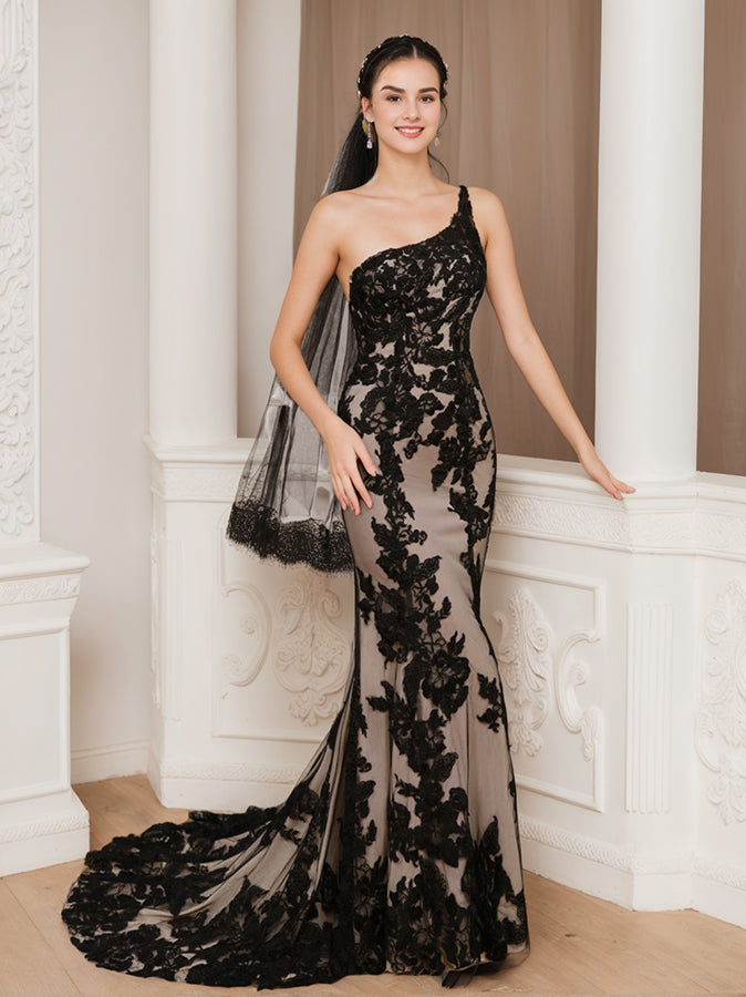 One-Shoulder Wedding Dresses 2026 Black Appliques Chic Women's Sheath/Column Sleeveless Floor-Length Tulle Bridal Ball Gowns One-Shoulder Wedding Dresses 2026 Black Appliques Chic Women's Sheath/Column Sleeveless Floor-Length Tulle Bridal Ball Gowns