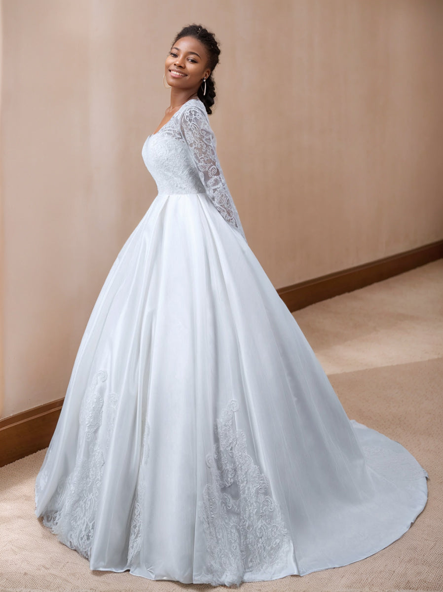 wedding dresses green and white White Bridal Gowns for Women Ball Gown A-Line V-Neck Long Sleeves Floor-Length Formal Wedding Dresses with Appliques