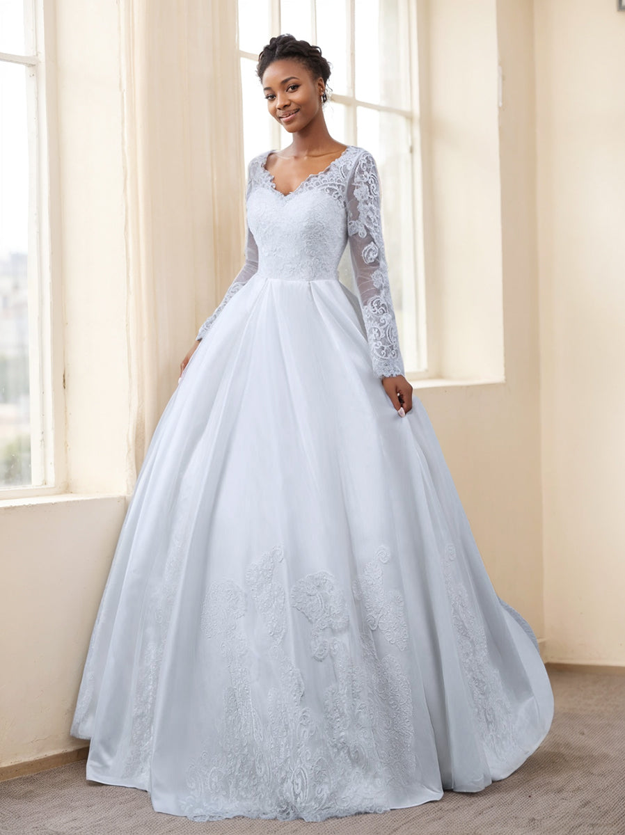 White Bridal Gowns for Women Ball Gown A-Line V-Neck Long Sleeves Floor-Length Formal Wedding Dresses with Appliques White Bridal Gowns for Women Ball Gown A-Line V-Neck Long Sleeves Floor-Length Formal Wedding Dresses with Appliques